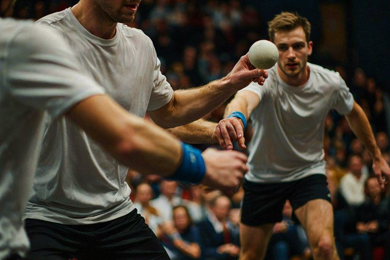A squash ball in mid-air between two players, one striking and the other returning, with a blurred crowd and arena in the background.
