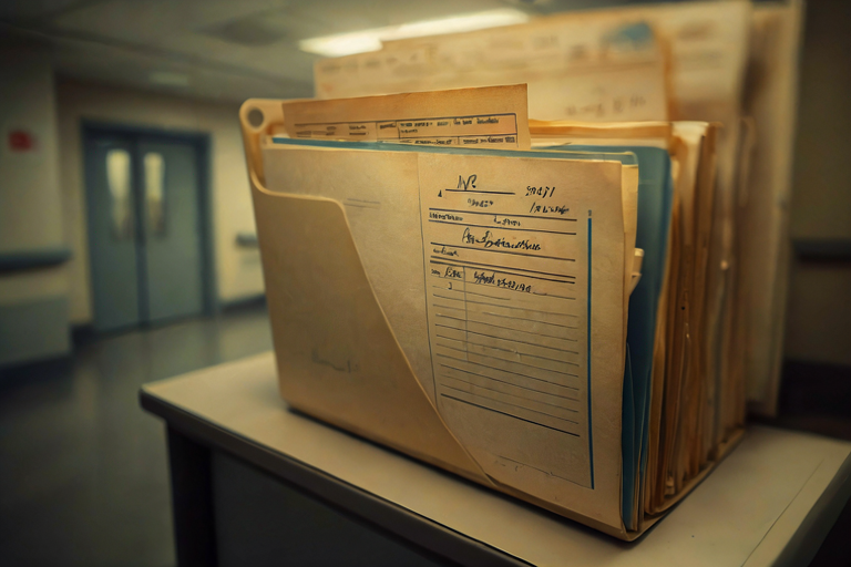 A medical file folder with handwritten notes and patient information, slightly open on a small table in a dimly lit hospital corridor.