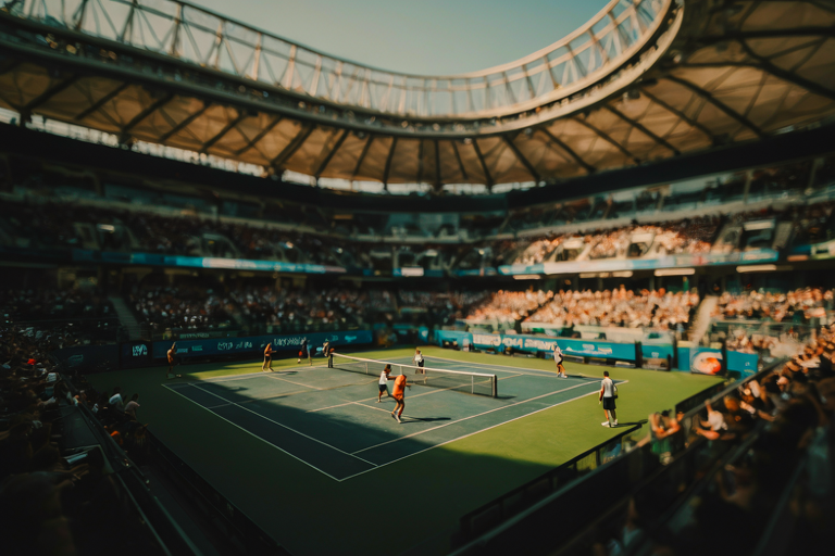 A modern stadium with a tennis court and players in motion, surrounded by a softly blurred setting.