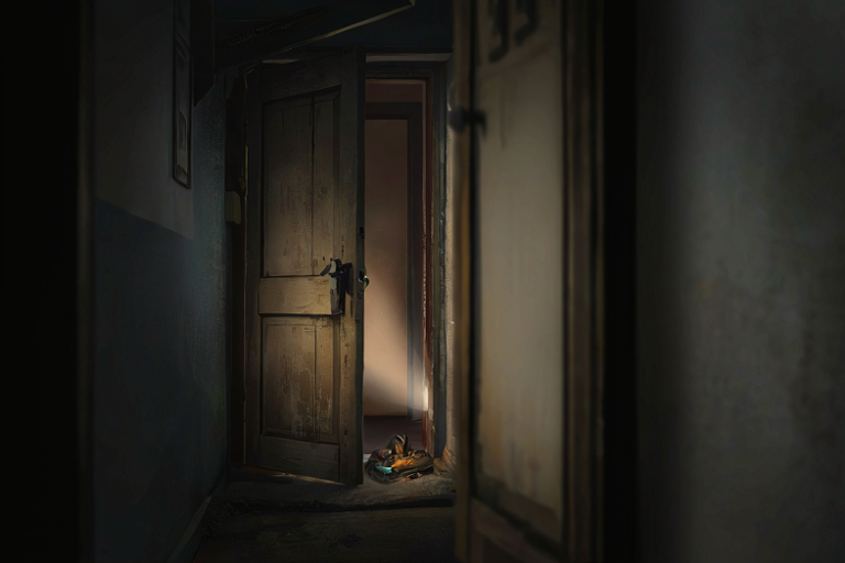 A broken wooden door with a flashlight beam illuminating a dim hallway, revealing a partially open backpack with personal items near the entrance.