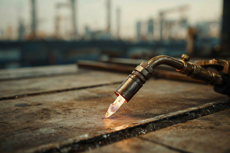 A glowing welding torch on a metal workbench, with a blurred shipyard skyline in the background.