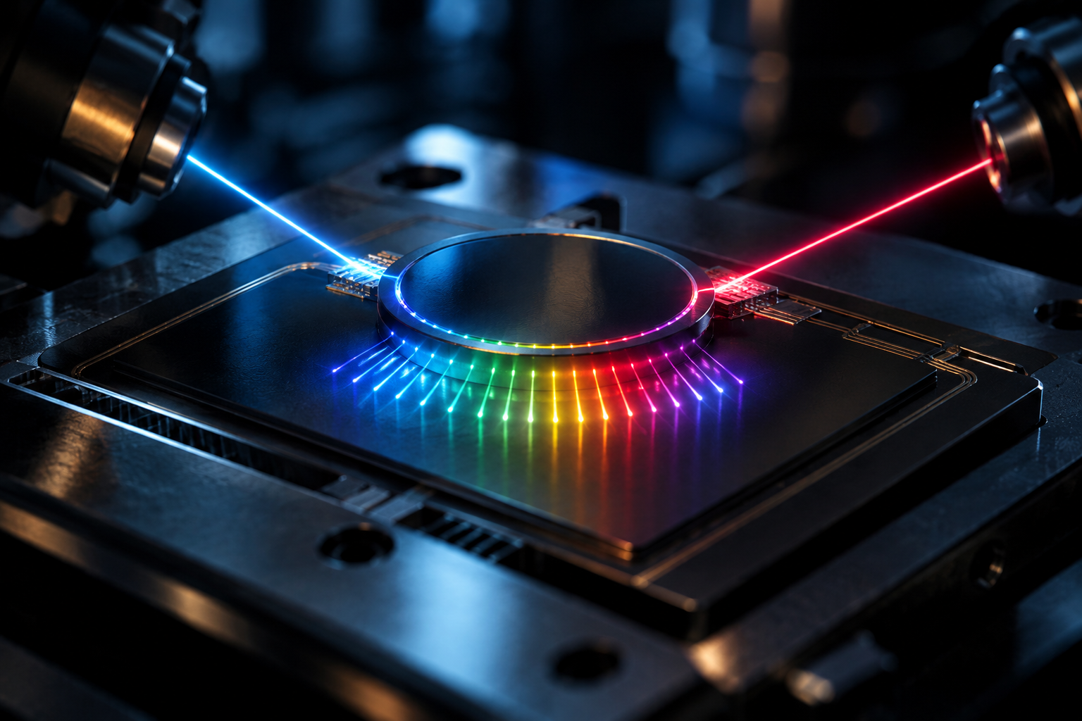 Conceptual illustration of a miniature light measurement device with interacting laser beams creating precise frequency markings.