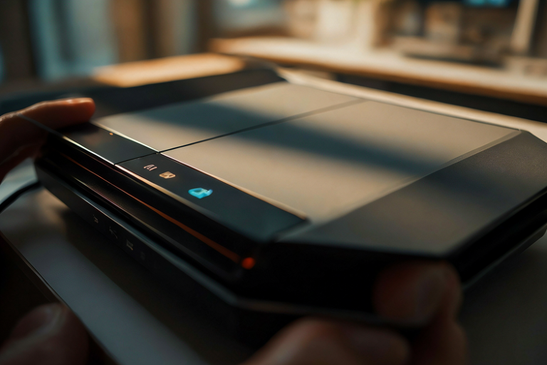 A hand holds a sleek, minimalist gaming console with a matte black finish and subtle LED indicators, set against a softly blurred modern office background.