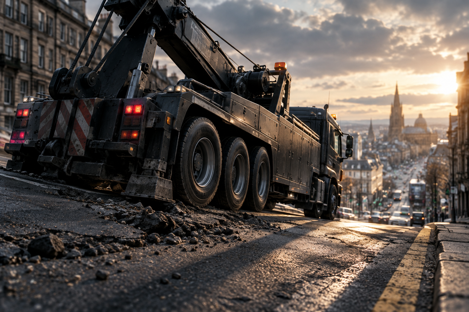 Editorial illustration depicting the heavy, stationary mass of a recovery vehicle at the base of a slope in an urban setting.