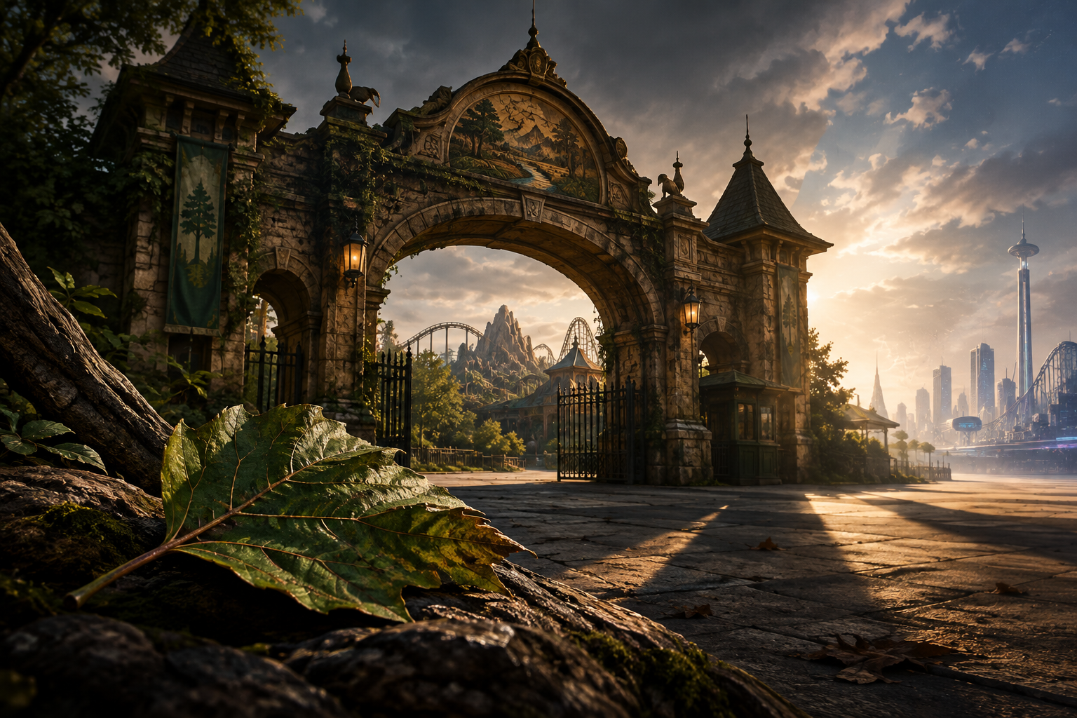 Editorial illustration depicting the enduring, yet challenged, presence of a historic theme park entrance against a backdrop of uncertain modern pressures.