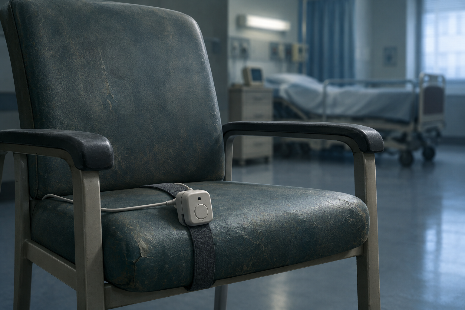 Editorial illustration of a hospital chair with an attached alarm mechanism in a softly lit ward setting.