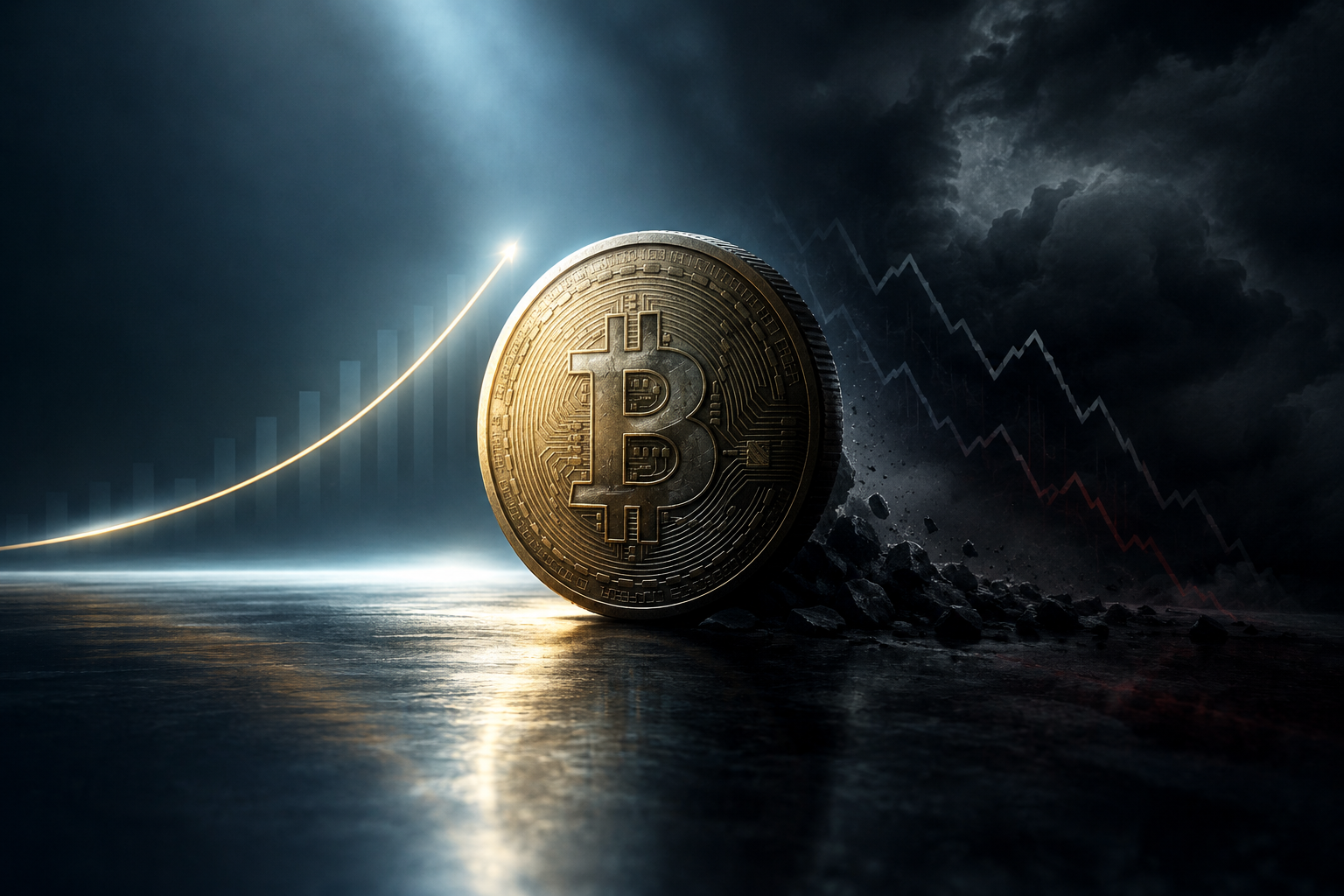 Conceptual illustration of a digital coin under conflicting economic pressures, showing a cautious recovery.