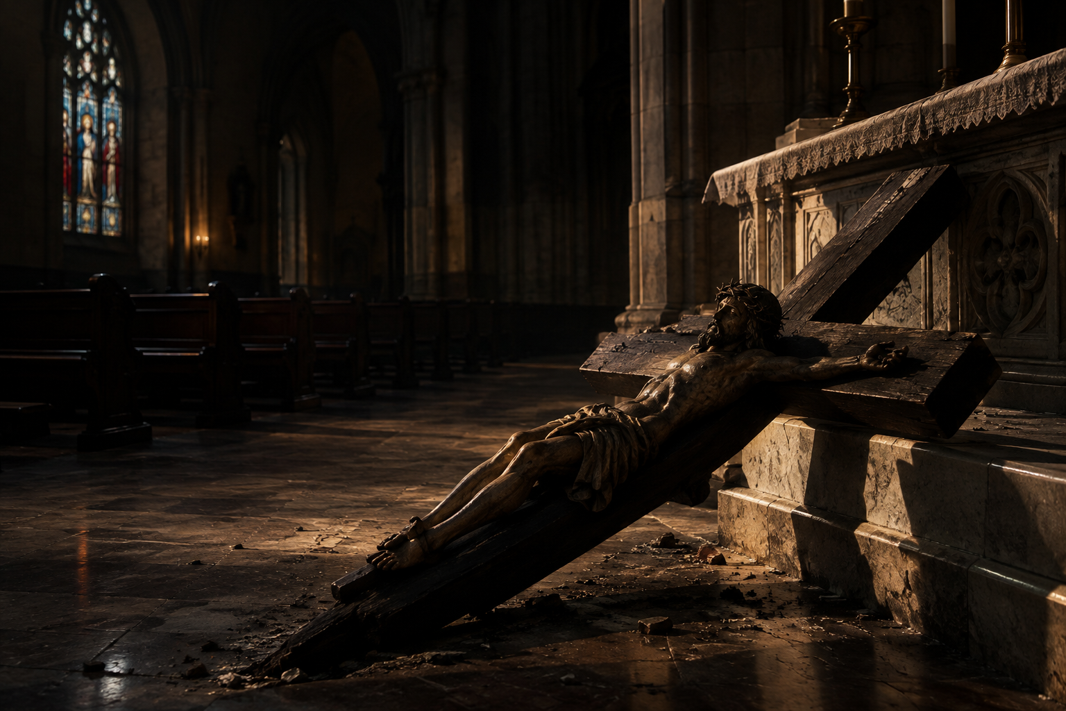 A heavy wooden crucifix is depicted in a state of dislodgement within a dimly lit church sanctuary, emphasizing the weight and texture of the wood against a backdrop of shadowed stone and pews.