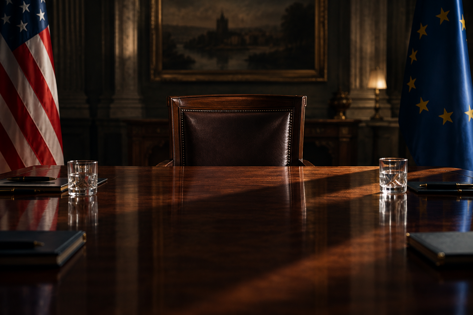 Editorial illustration of a tense diplomatic meeting setting with a single chair at a dark wooden table.