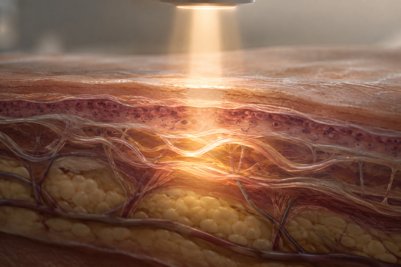 Editorial illustration depicting focused energy targeting underlying facial tissue layers to stimulate change.