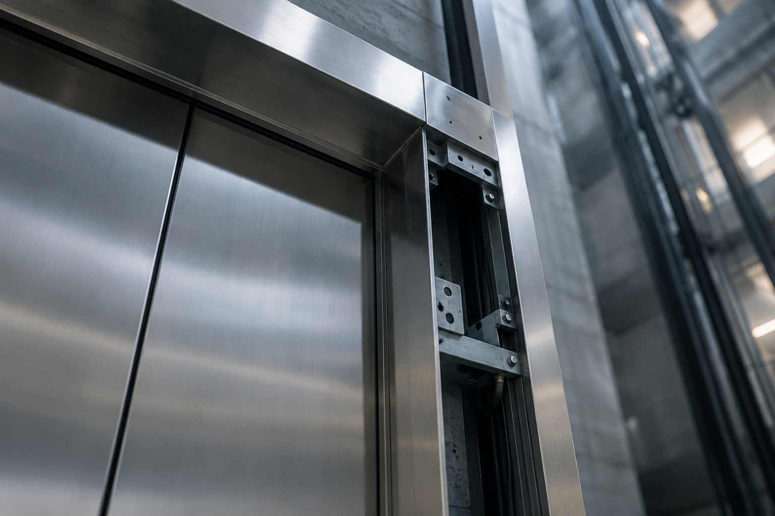 An illustration focusing on a structurally incomplete elevator door frame within a modern building shaft.