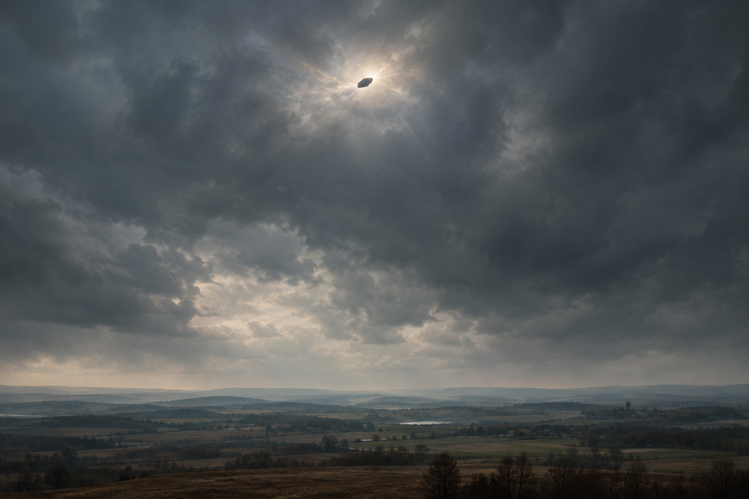 Conceptual illustration of a vast, muted landscape under a heavy sky, focusing on atmospheric tension above a rural area following a suspected aerial event.