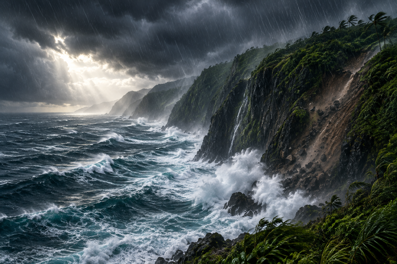 Editorial illustration of a powerful hurricane making landfall on a rugged Pacific coastline with heavy rain and high waves.
