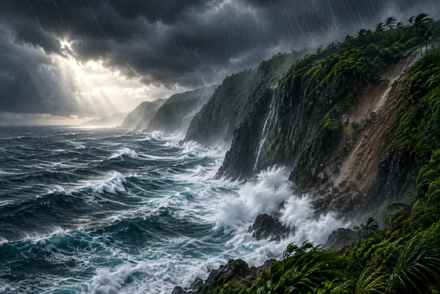 Editorial illustration of a powerful hurricane making landfall on a rugged Pacific coastline with heavy rain and high waves.