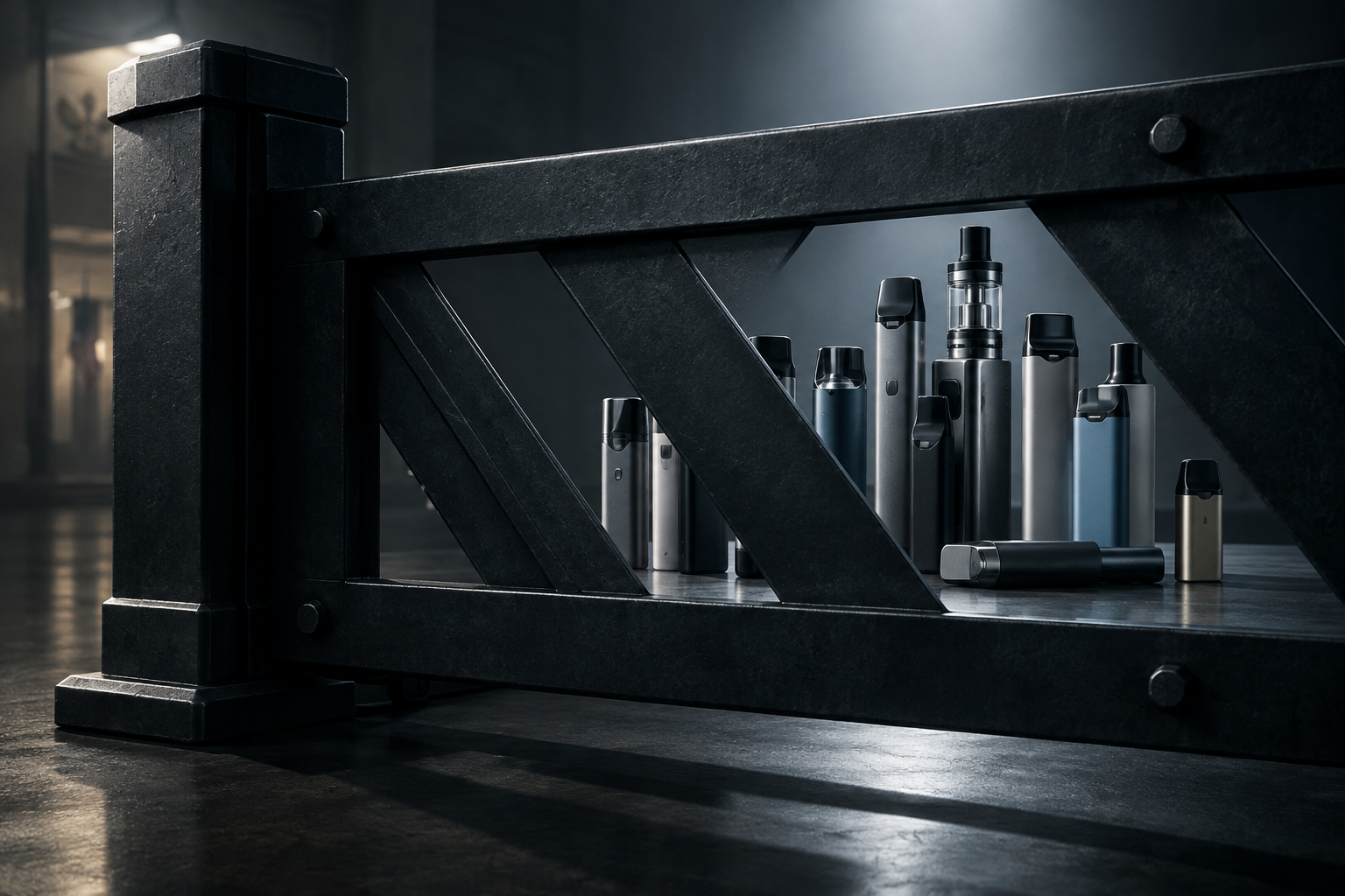 A conceptual illustration of a heavy metal barrier restricting modern vaping devices in a dimly lit, controlled setting.