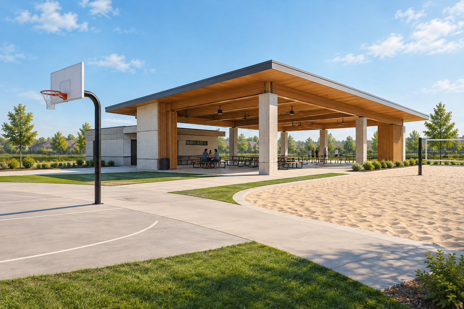 Editorial illustration of a modern community facility featuring a pavilion, sand recreation area, and basketball court.
