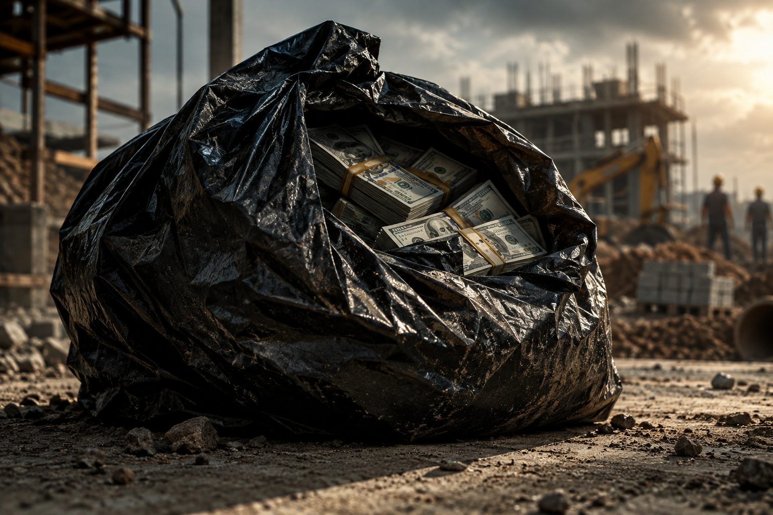 A close-up, dramatic illustration of a heavy plastic bag of cash on a dusty surface, set against a blurred construction site backdrop.