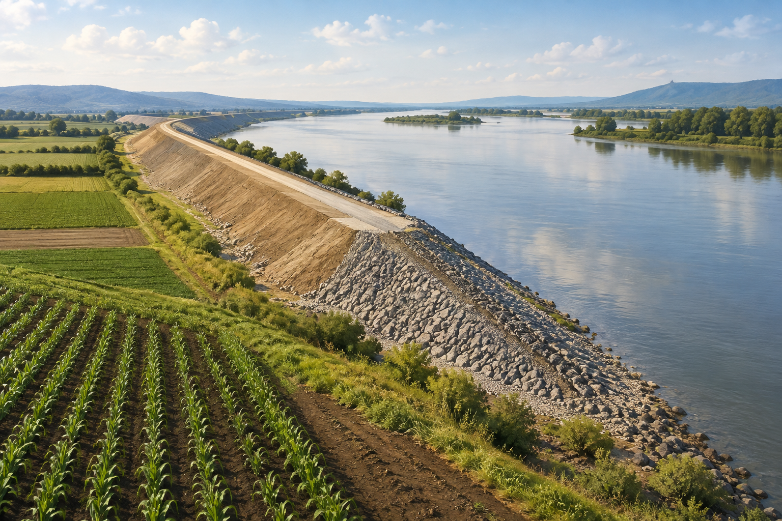 A conceptual illustration of a large flood protection embankment alongside a river, symbolizing agricultural infrastructure development.