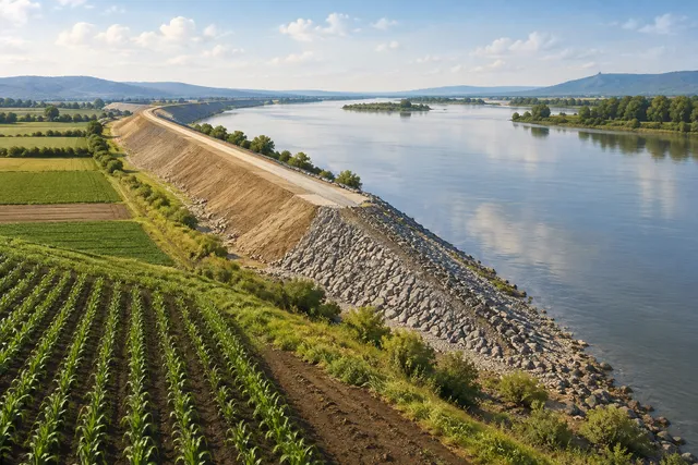 A conceptual illustration of a large flood protection embankment alongside a river, symbolizing agricultural infrastructure development.