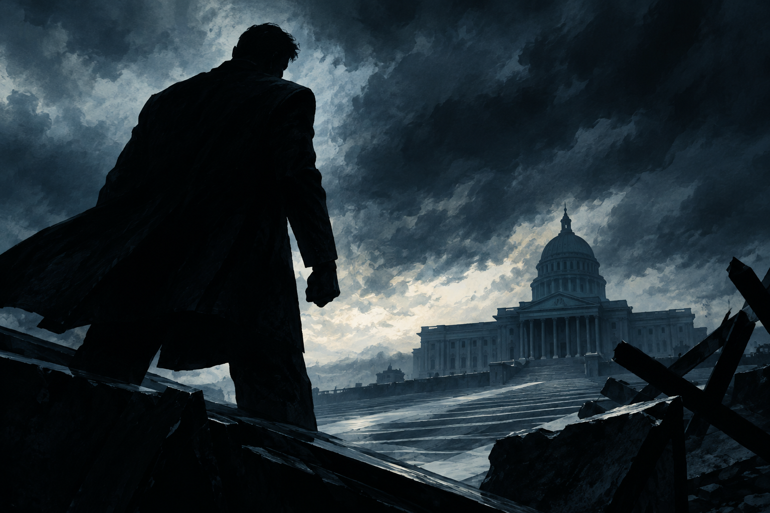 Conceptual illustration of a dark, imposing silhouette against a brooding sky near a distant governmental structure, symbolizing political conflict and threat.