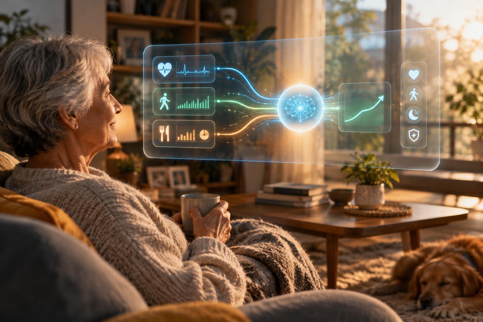 Editorial illustration showing abstract data streams from AI supporting the concept of healthy aging within a domestic setting.