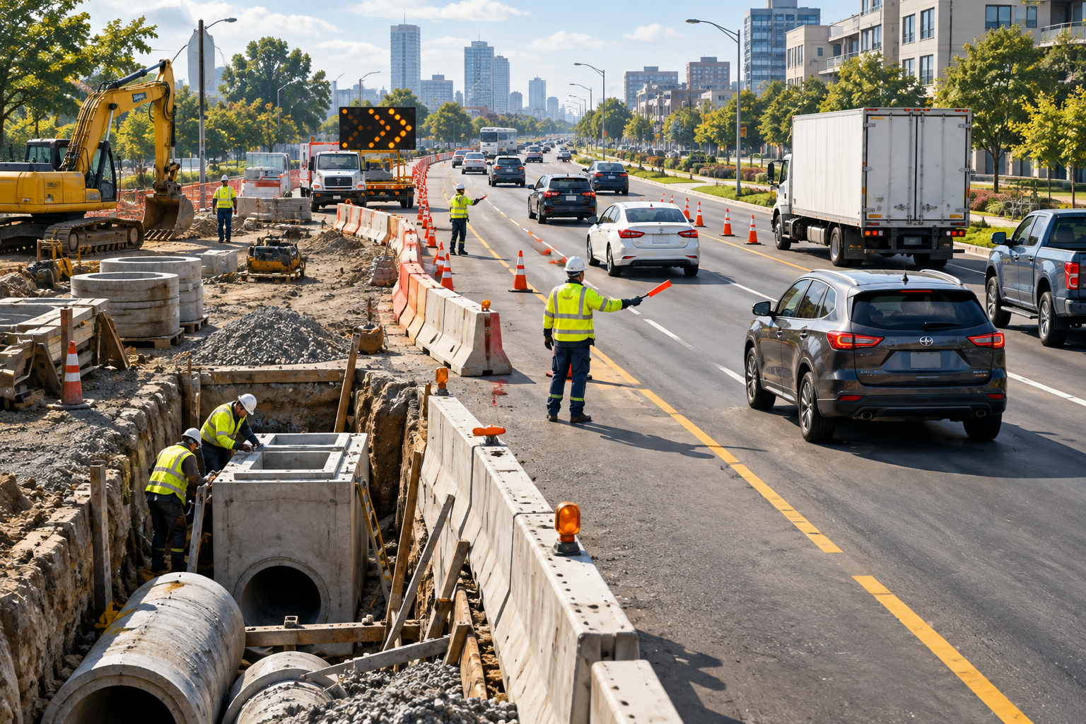 Editorial illustration of a complex road construction project managing continuous traffic flow.