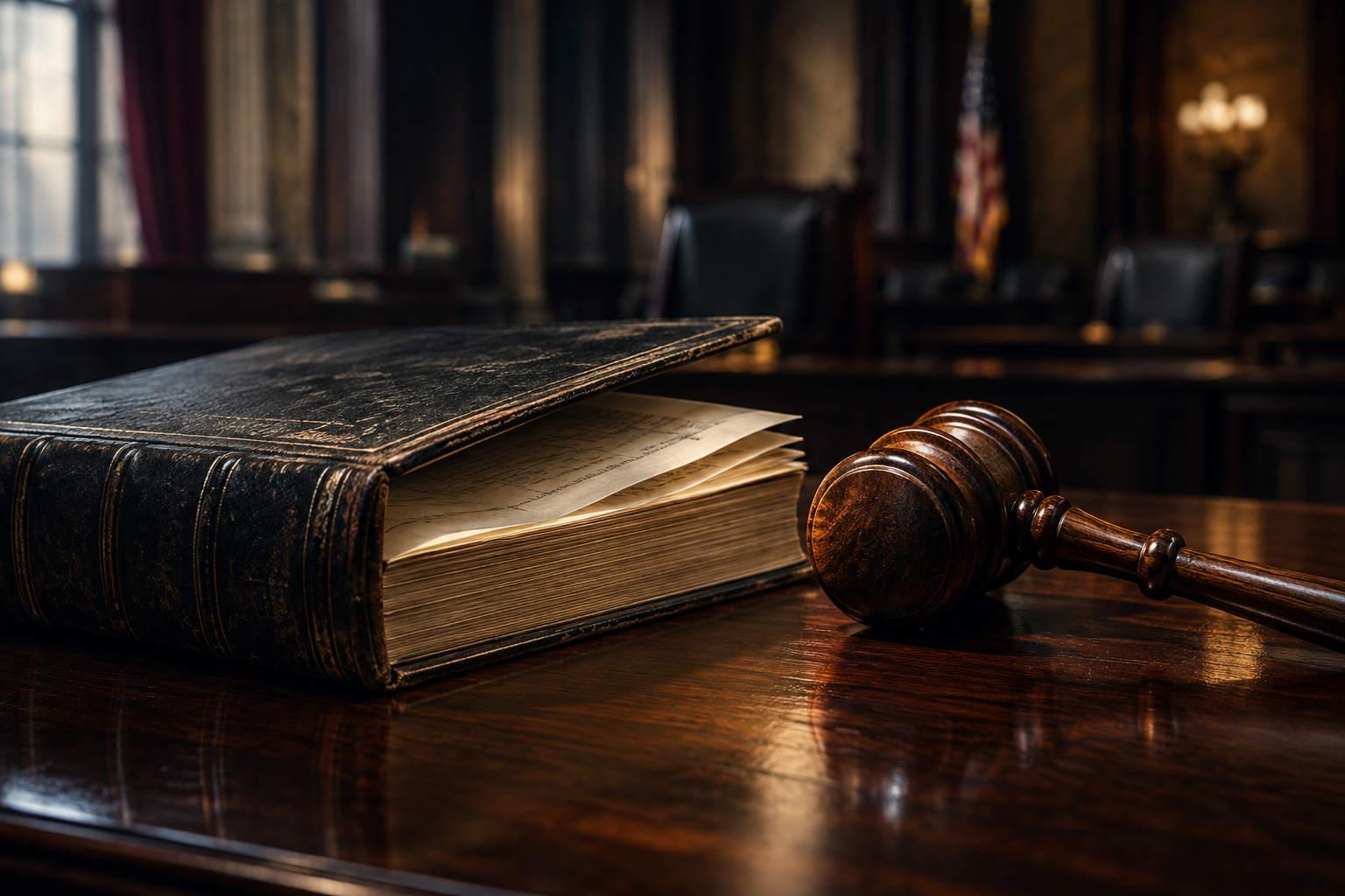 Editorial illustration of a heavy, aged book resting on a dark wooden surface next to a wooden gavel, symbolizing policy debate and the weight of political decisions.