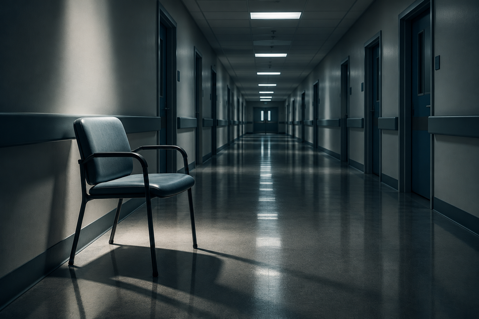 Editorial illustration depicting a stark, long hospital corridor with a single chair, symbolizing inadequate care space.