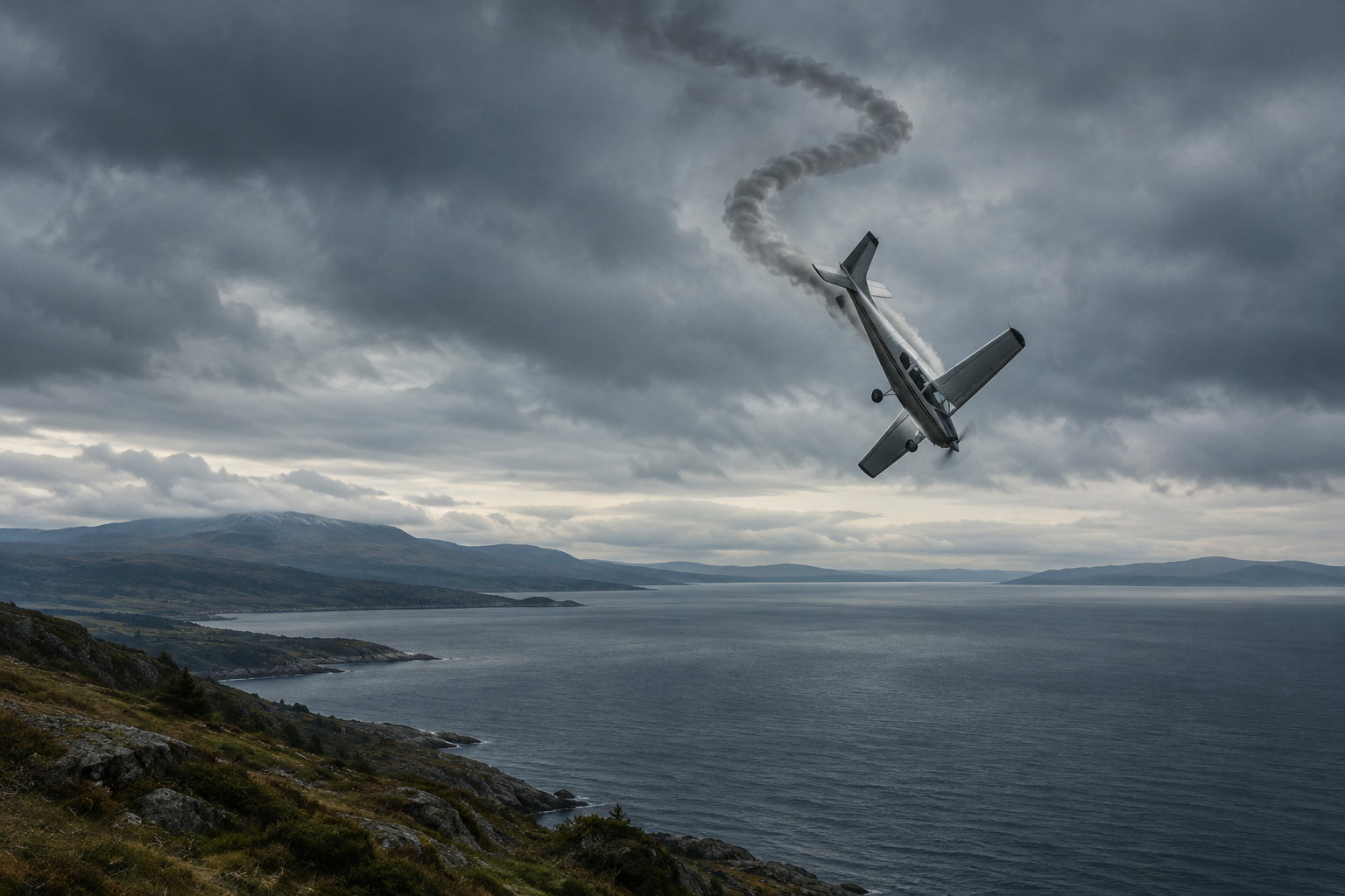 Editorial illustration of a light aircraft spiraling near a large body of water under an overcast sky.
