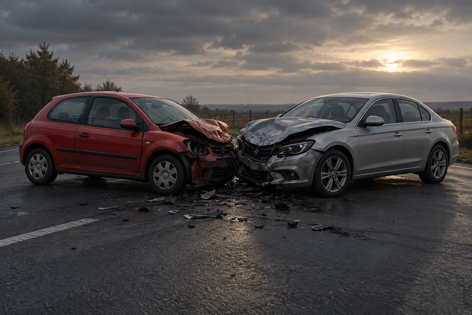 Conceptual illustration of two collided vehicles on a road near a rural area under somber lighting.