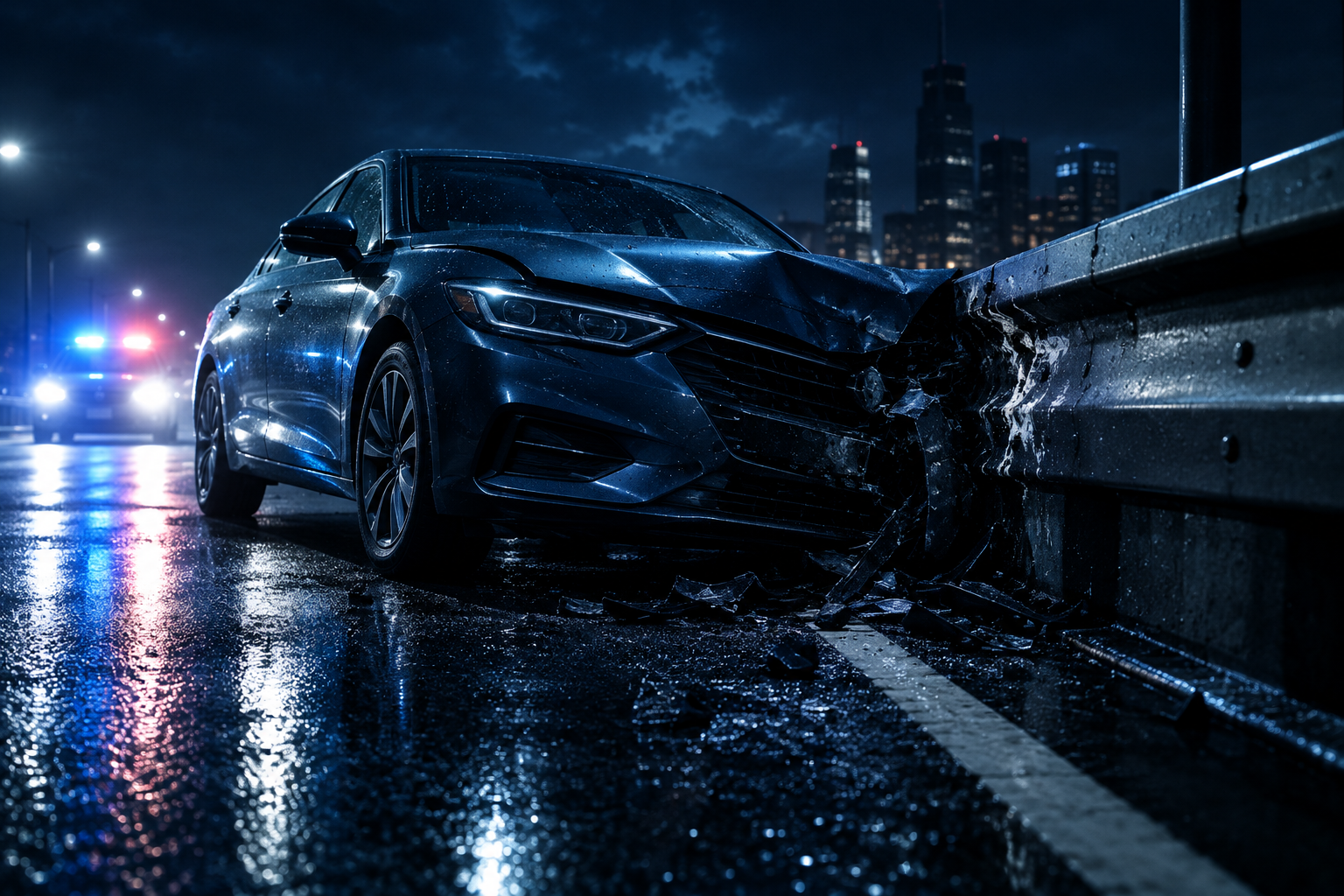Conceptual illustration of a modern car stopped near a metal barrier on a dark, wet road at night, emphasizing the gravity of a serious collision.