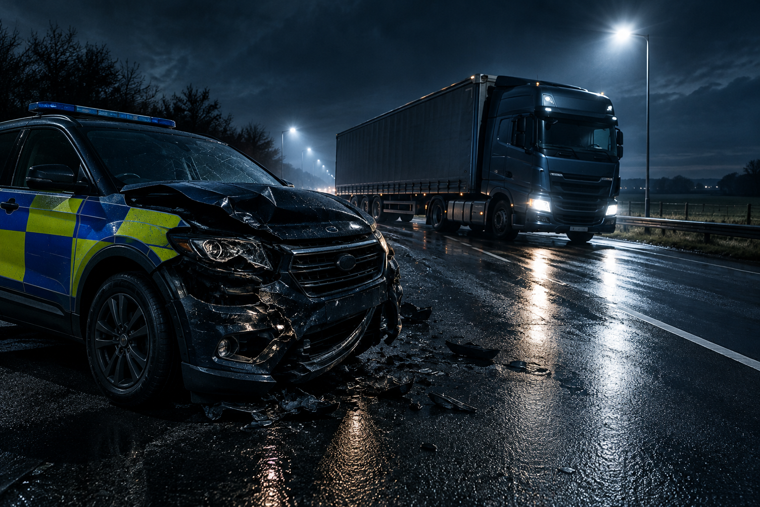 Conceptual illustration of a collision between a police vehicle and a large lorry on a dark, wet road at night.