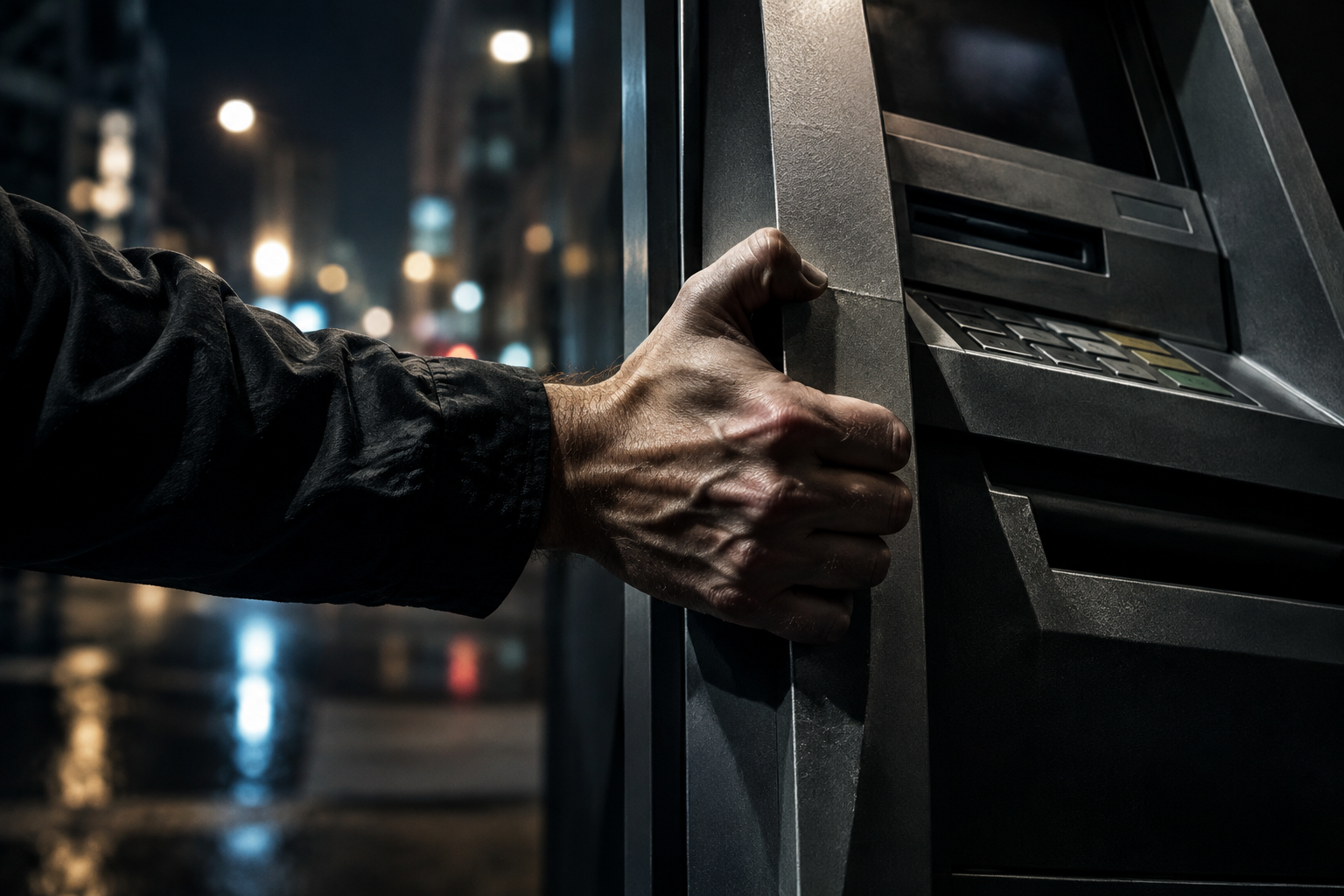 A close-up illustration of a hand gripping a metallic cash machine in a tense, urban setting.