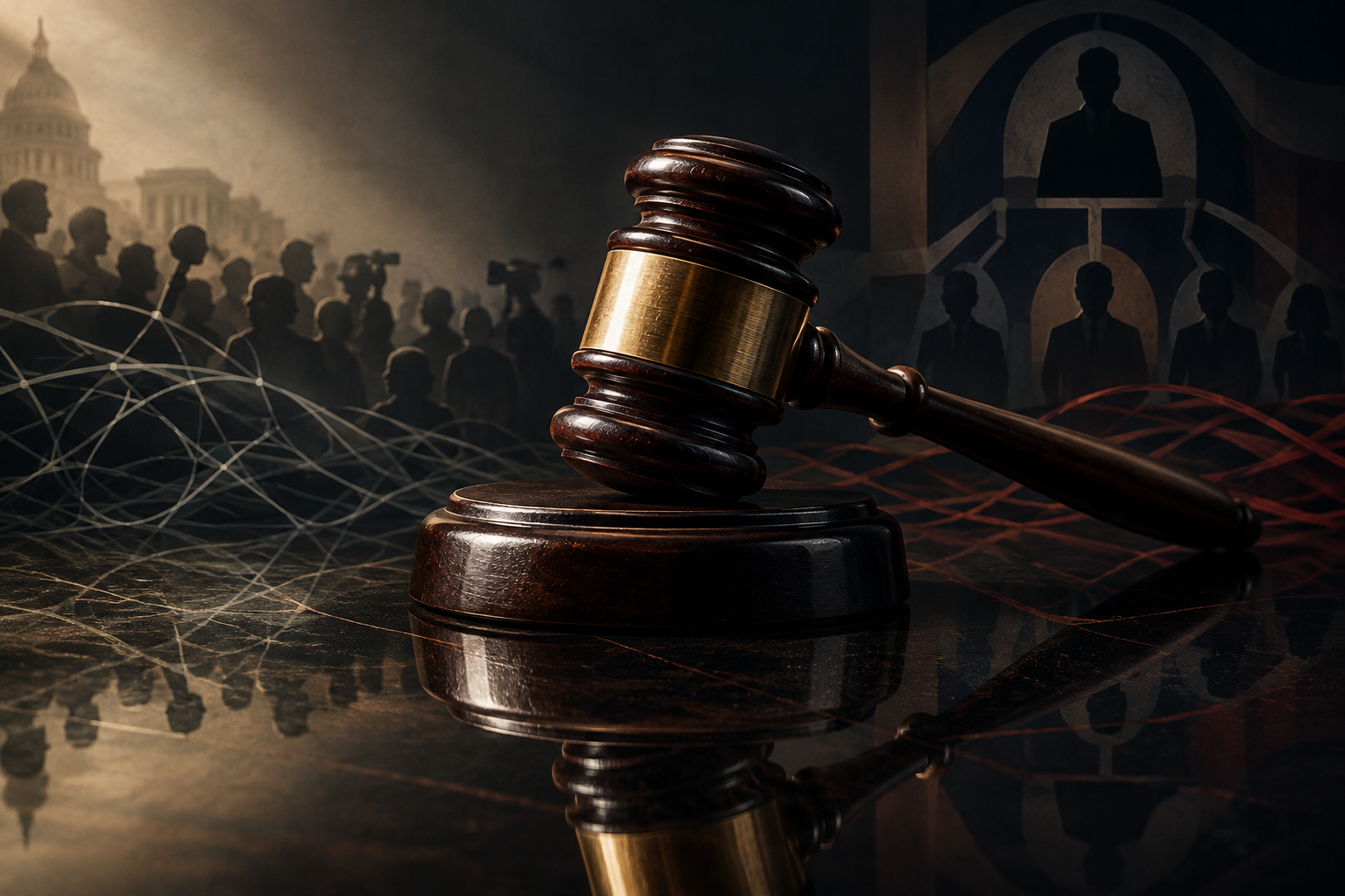 A conceptual illustration of a gavel resting on a reflective surface, symbolizing political investigation and accountability.