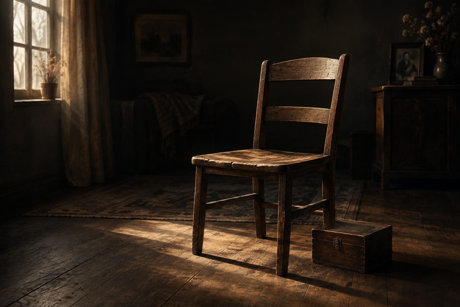 A somber, detailed editorial illustration focusing on a single wooden chair and a small, closed wooden box in a dimly lit, reflective interior.