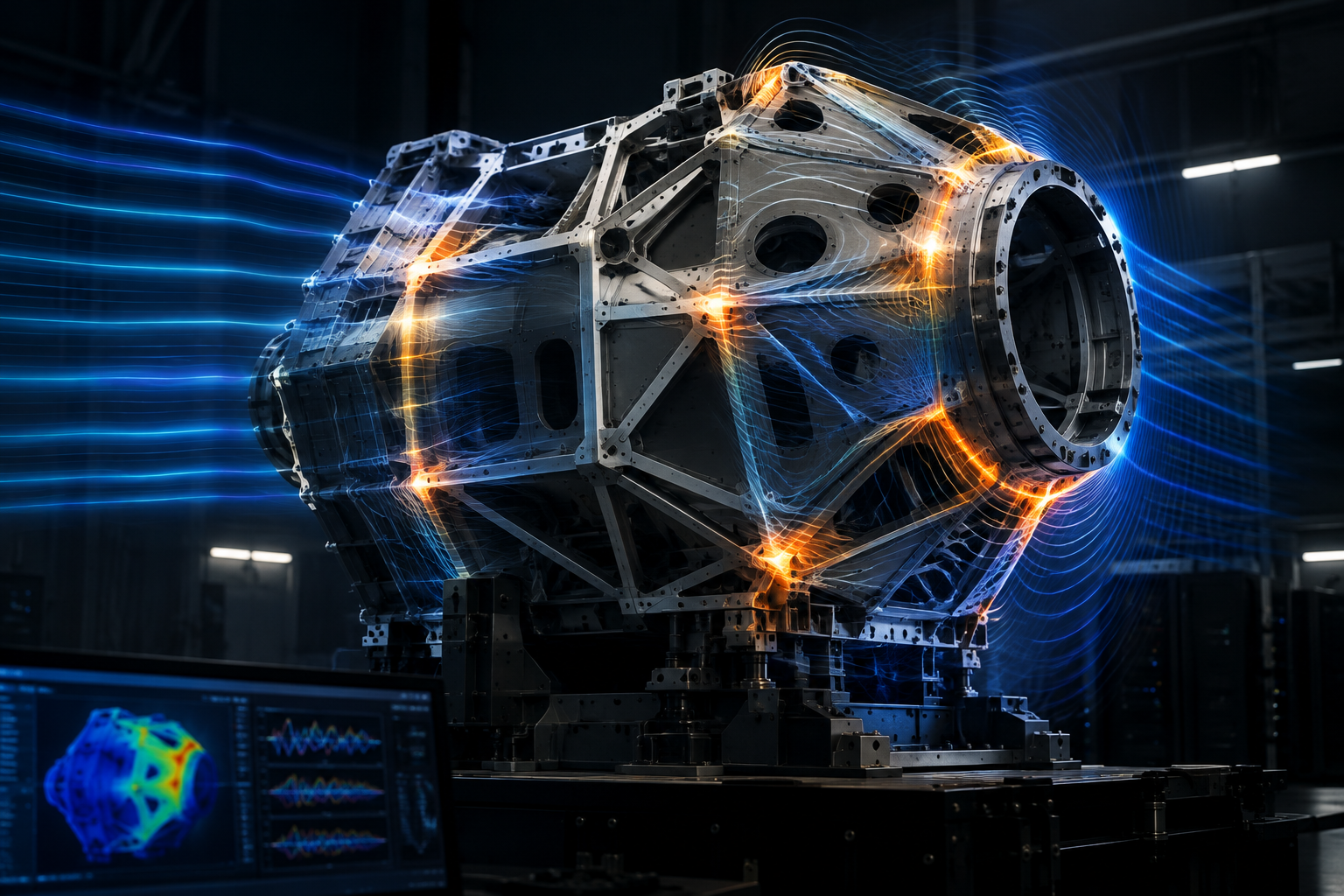 Editorial illustration depicting a conceptual spacecraft component undergoing simulated shock and vibration analysis in a sophisticated engineering setting.