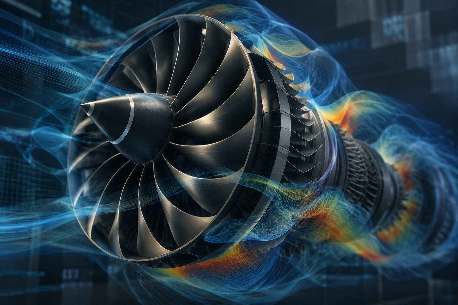 Conceptual illustration of aerodynamic simulation software modeling aircraft engine noise.
