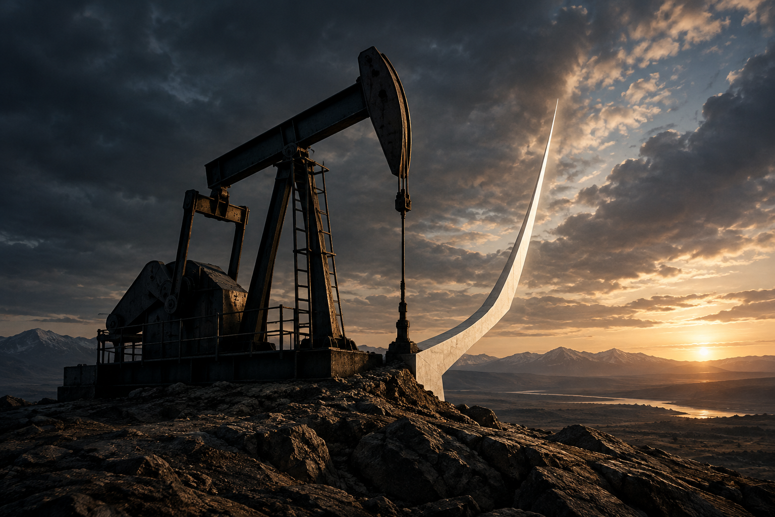 Conceptual illustration of a heavy oil pump in a rugged landscape with a slender, upward-reaching form suggesting a path of divergence.