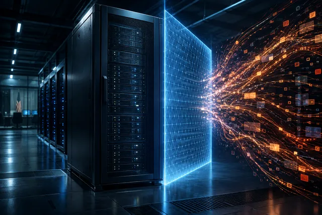 Conceptual illustration of a secure data center environment where a digital barrier enforces the removal of external data streams from a central server system.
