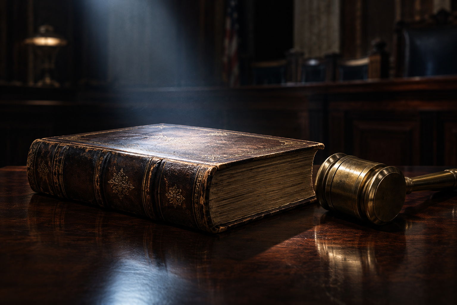A conceptual illustration of a heavy, aged legal book and a brass gavel resting on a dark wooden surface under a focused beam of light, symbolizing a high-stakes legal appeal.