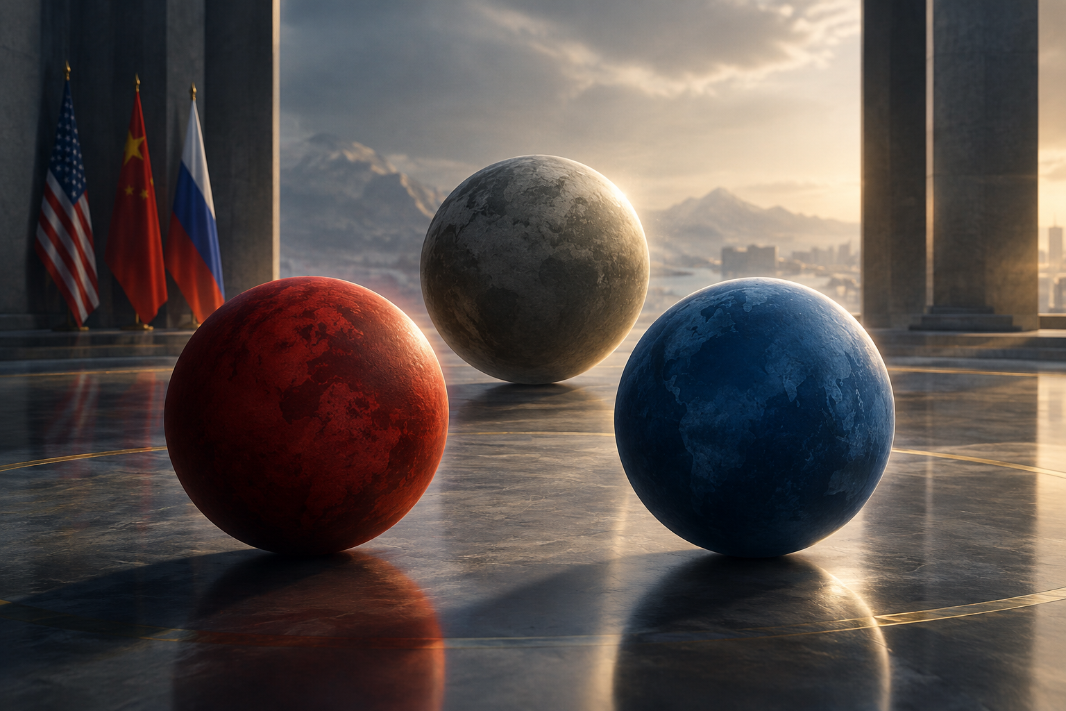 Conceptual illustration of three weighty, abstract spheres representing world leaders poised for a diplomatic discussion on nuclear matters.