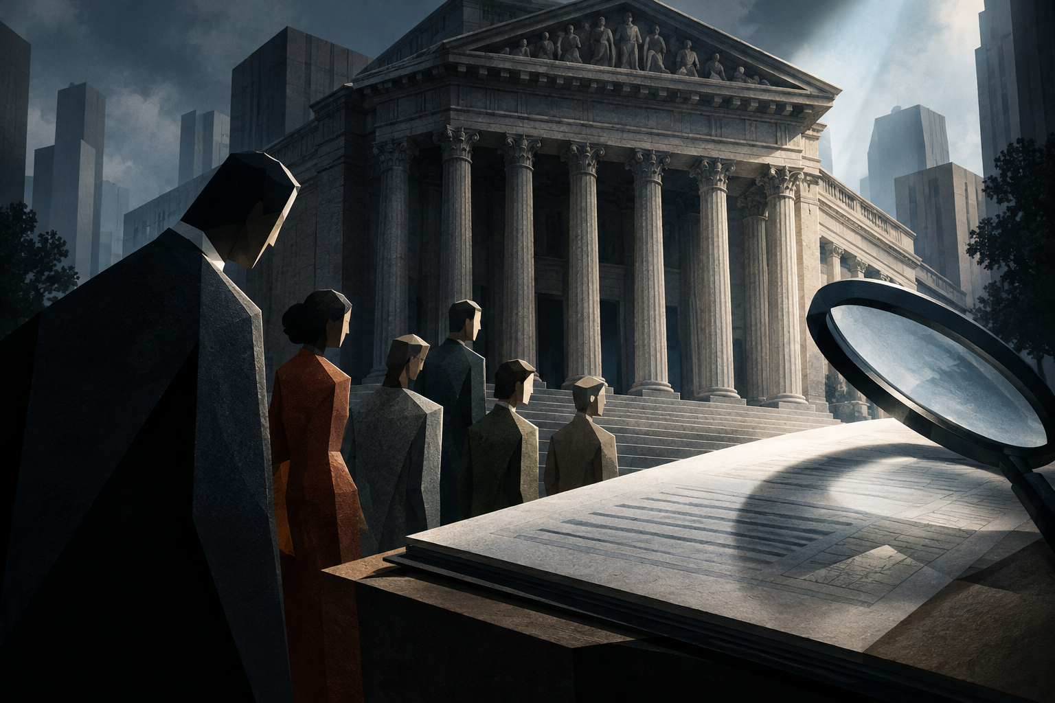 Conceptual illustration of federal authority scrutinizing registration documents in an urban setting.