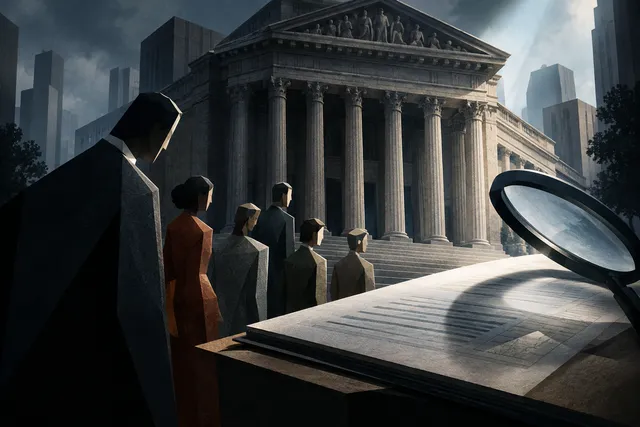 Conceptual illustration of federal authority scrutinizing registration documents in an urban setting.