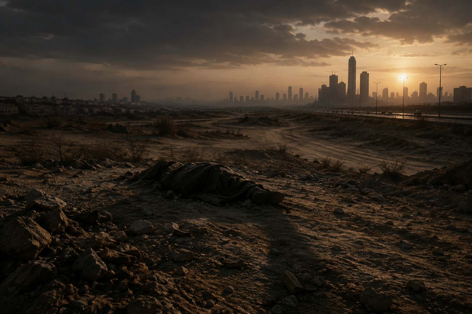 A somber editorial illustration depicting a desolate landscape with a single, dark shape on the ground, suggesting a tragic discovery amidst a modern urban sprawl under harsh, low lighting.