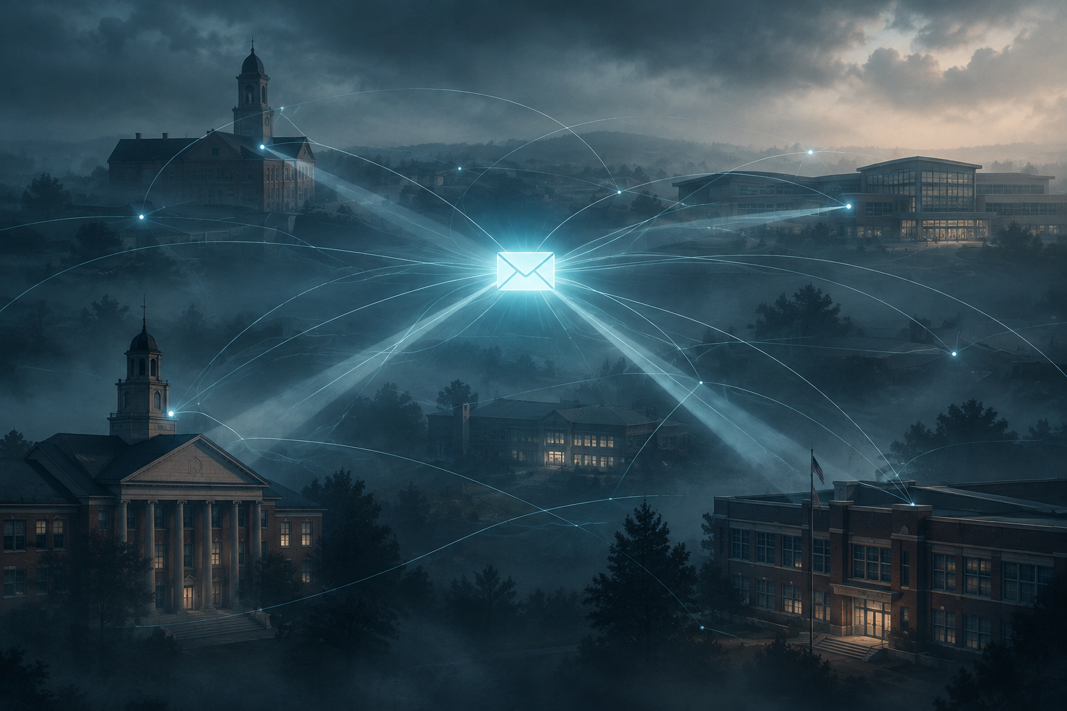 Conceptual illustration of a widespread digital threat being broadcast across interconnected institutional settings.