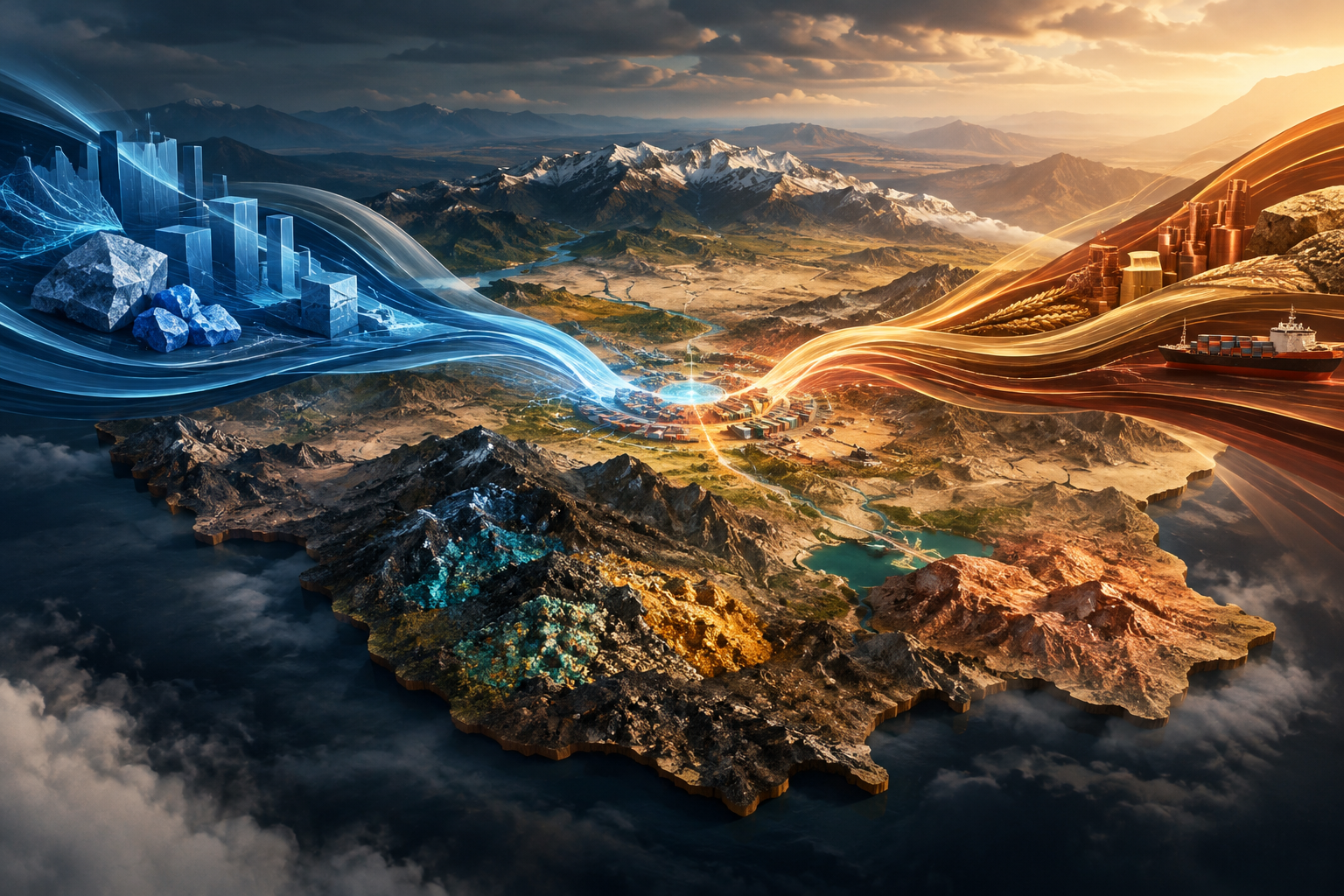 Conceptual illustration of competing global economic influences meeting over a stylized central Asian landscape.