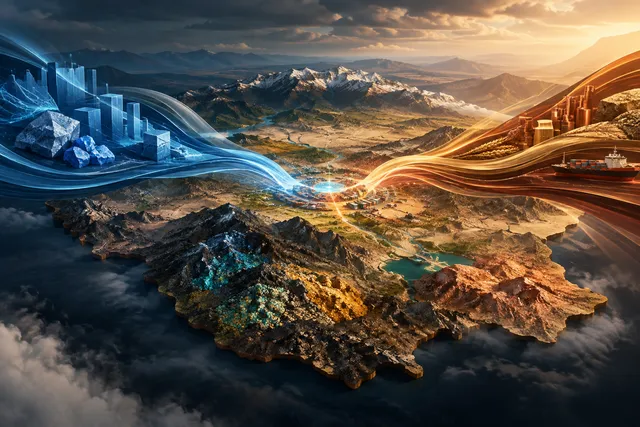 Conceptual illustration of competing global economic influences meeting over a stylized central Asian landscape.