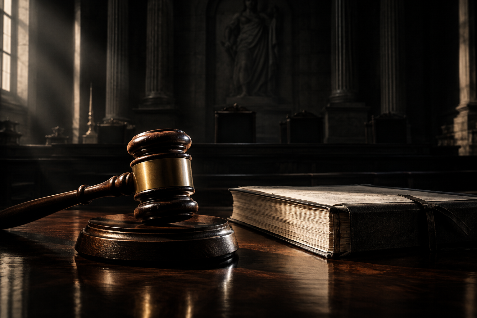 An editorial illustration depicting a heavy gavel and a bound legal document resting on a dark wood surface in a dimly lit, grand courtroom setting, symbolizing a final legal judgment.