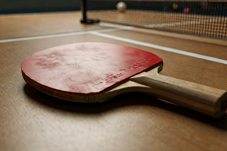 A table tennis paddle resting on a wooden table with a blurred net and balls in the background.