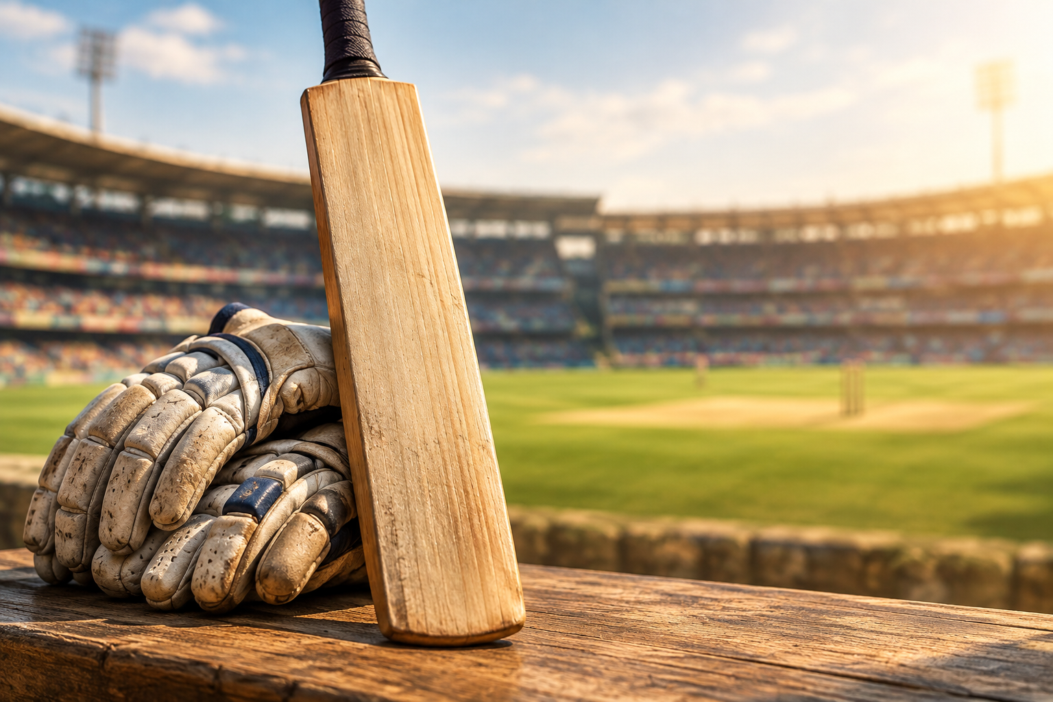 A close-up editorial illustration of a cricket bat and gloves resting on a wooden surface, suggesting a moment of sporting achievement.
